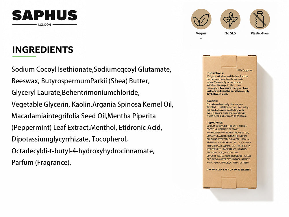 SAPHUS pH-Balanced Shampoo Bar 6-Pack, Soap-Free & Sulfate-Free, Gentle Cleansing for Sensitive Scalp, Assorted Colors & Scents, Vegan & Travel-Friendly